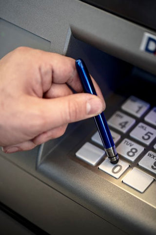 ABG1CL/S - Blue Bullet Grip Space Pen w/ Stylus and Chrome Clip - Laser engrave or imprint up to four colors a logo, tagline, etc.