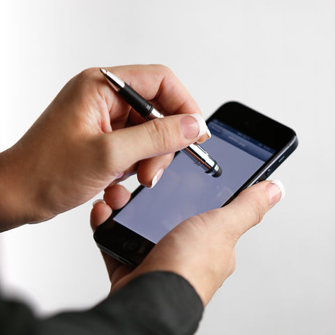 ABGCCL/S - Chrome Bullet Grip Space Pen w/ Stylus and Chrome Clip - Laser engrave or imprint up to four colors a logo, tagline, etc.