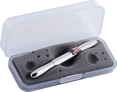 A600AF - Chrome Bullet Space Pen w/ American Flag Emblem - Laser engrave or imprint up to four colors a logo, tagline, etc.