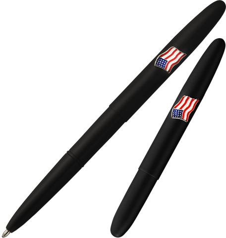 A600BAF - Matte Black Bullet Space Pen w/ American Flag Emblem - Laser engrave or imprint up to four colors a logo, tagline, etc.