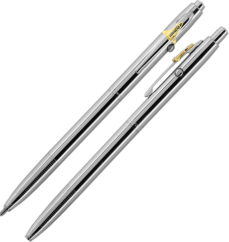 ACH4SH - Chrome Shuttle Space Pen w/ Gold Shuttle Emblem - Laser engrave or imprint up to four colors a logo, tagline, etc.