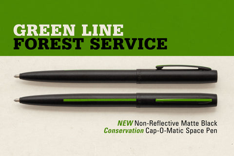 AM4BGRL - Non-Reflective Matte Black Cap-O-Matic Space Pen w/ Thin Green Line: Federal Agents, Park Rangers, Border Patrol, Military, and Conservation - Laser engrave or imprint up to four colors a logo, tagline, etc.