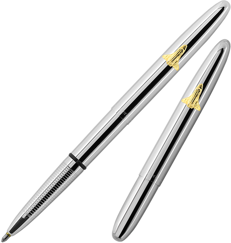A600SH - Chrome Bullet Space Pen w/ Gold Shuttle Emblem - Laser engrave or imprint up to four colors a logo, tagline, etc.