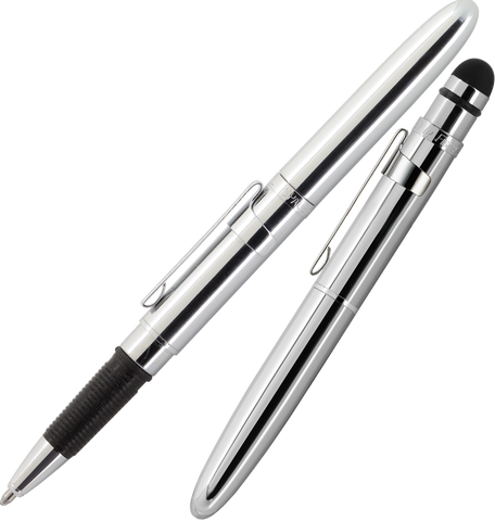 ABGCCL/S - Chrome Bullet Grip Space Pen w/ Stylus and Chrome Clip - Laser engrave or imprint up to four colors a logo, tagline, etc.